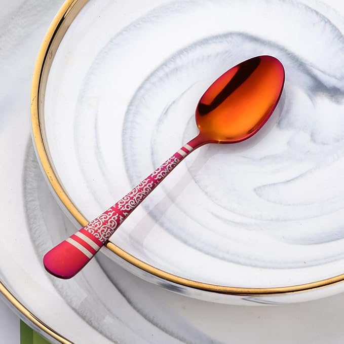 Rainbow Red Unique Pattern Design Coffee Espresso Spoons Mini, Mingcheng Stainless Steel Small Teaspoons Silverware Set of 6, BISDARUN 5.5 Inches Food Spoons for Demitasse Dessert Tea
