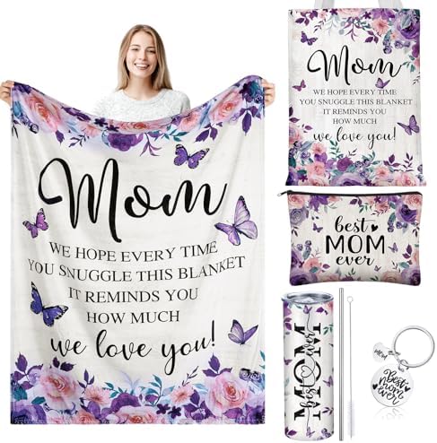 Geiserailie 5 Pcs Birthday Gift Set for Mom Include Purple Butterfly Flower Blanket 20oz Stainless Steel Tumbler with Straw and Brush Best Mom Ever Makeup Bag Keychain for Mother from Daughter Son by Geiserailie