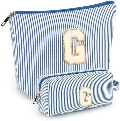 2 PCS Initial Makeup Bags for Women: Cosmetic Bag for Travel Toiletry - Birthday Gifts for 11 12 13 14 15 16 17 18 Years Old Girl Graduation Teacher Gift- Teen Girl Gifts Trendy Stuff - Blue G by mibasies