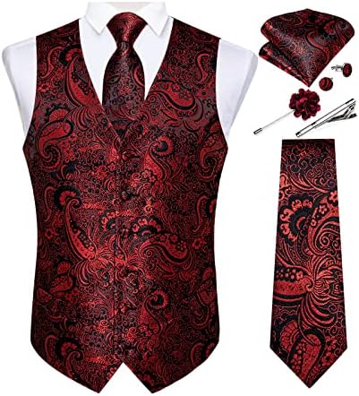 DiBanGu Mens Vest and Tie Set Formal Paisley Waistcoat and Necktie Pocket Square Cufflinks Silk Suit Vest for Tuxedo Wedding by DiBanGu