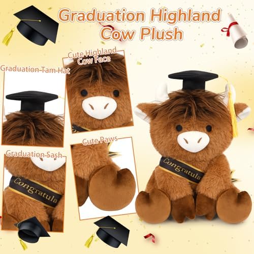 2026 Graduation Plush -8inch Highland Cow with Gift Box Stuffed Animal - Image 2