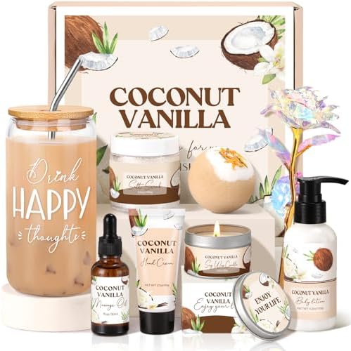 Spa Gift Baskets for Women, Vanilla Coconut Bath and Body Gifts Set for Women, Home Spa Self Care Gift, Relaxing Bath Set for Mom Wife Sister Friends Sister Girlfriend, Mother’s Day Thank You Gifts by GiftPeak