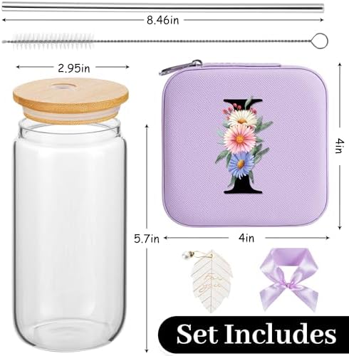 AYGXU Drinking glass with Bamboo Lids and Straw,Small Travel Jewelry Case, Organizer Storage Holder Boxes,iced coffee cups,Cute Tumbler Cup,teacher gifts for women,Initial I purple - Image 2