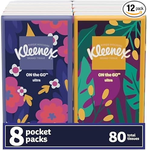 Kleenex On-The-Go Facial Tissues, 8 On-The-Go Packs, 10 Tissues per Box, 3-Ply (80 Total), Packaging May Vary (Pack of 96)