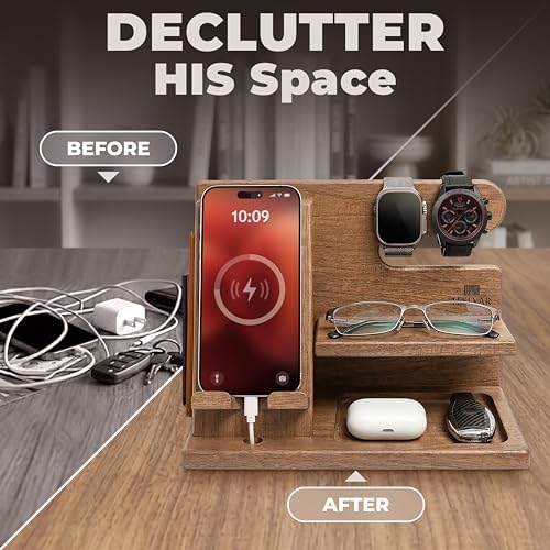 TESLYAR Wood Phone Docking Station for Men - Desktop or Nightstand Organizer - Birthday Gifts for Men, Dad - Anniversary Idea from Wife - Key Holder, Stand Wallet, Watch & Essentials (Earth Beige) - Image 2