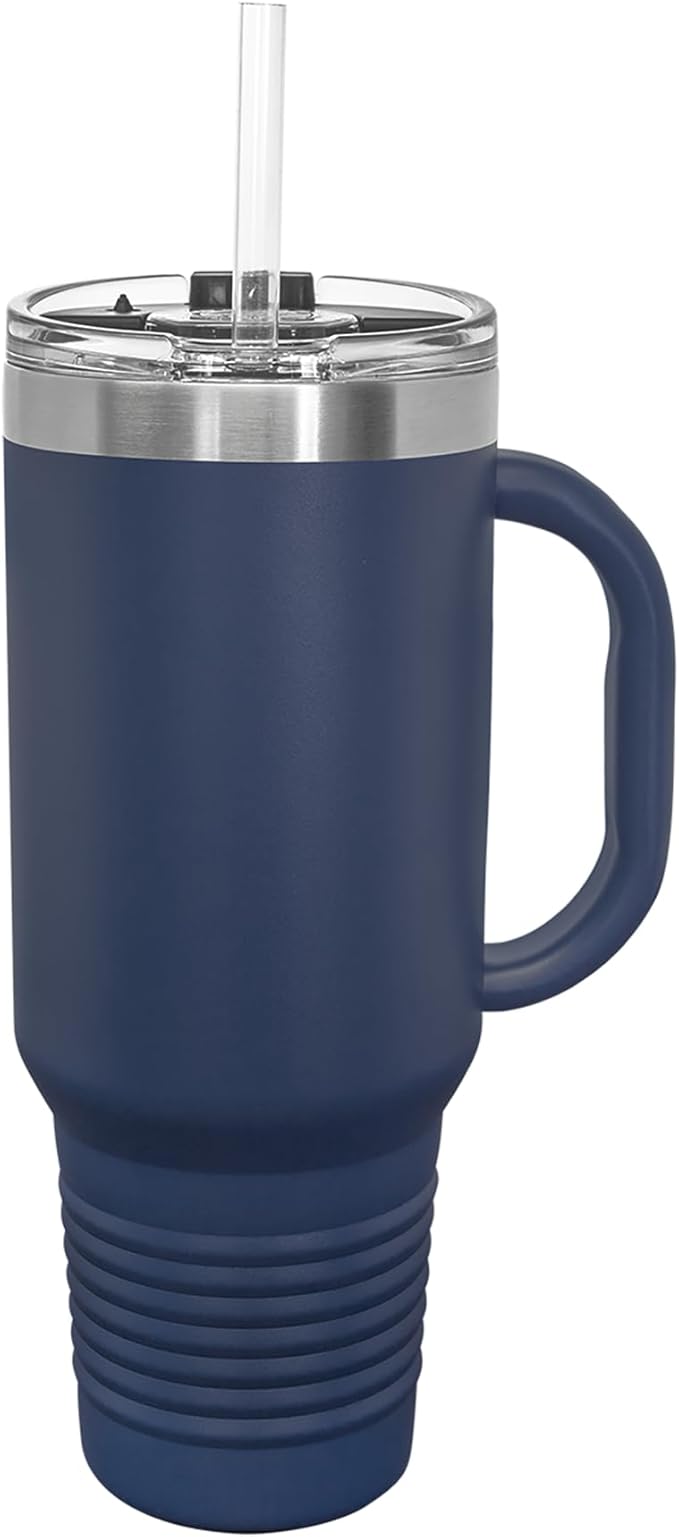 LaserGram 40oz Vacuum Insulated Travel Mug with Handle, Cup of Coffee, Personalized Engraving Included (Navy Blue)
