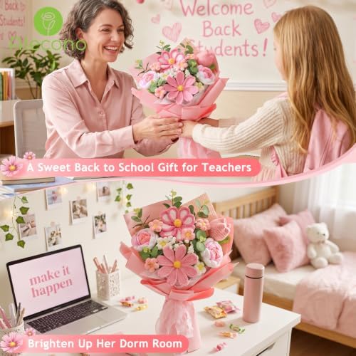 Alecono Crochet Flower Bouquet, Pink Handmade Knitted Flowers, Crochet Tulips Galsang Flower for Mother's Day Anniversary Birthday Graduation Lover Valentines Day Gifts (with Card) - Image 3