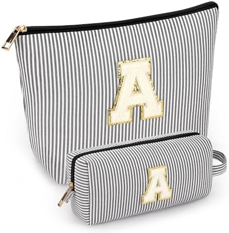 2 PCS Initial Makeup Bags for Women: Cosmetic Bag for Travel Toiletry - Birthday Gifts for 11 12 13 14 15 16 17 18 Years Old Girl Graduation Teacher Gift- Teen Girl Gifts Trendy Stuff - Black A by mibasies