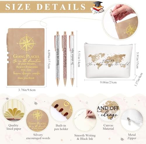 Domensi 6 Pcs Class of 2026 Graduation Gift for Her 16oz Glass Cup Makeup Bag Compass Journal Ballpoint Pens Inspirational Graduation Gift Set for College High School Daughter Sister Friend(Brown) - Image 3
