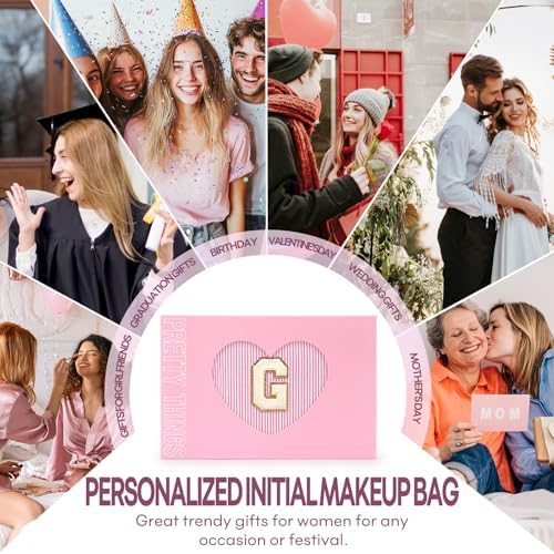 2 PCS Initial Makeup Bags for Women: Cosmetic Bag for Travel Toiletry - Birthday Gifts for 11 12 13 14 15 16 17 18 Years Old Girl Graduation Teacher Gift- Teen Girl Gifts Trendy Stuff - Pink G - Image 6