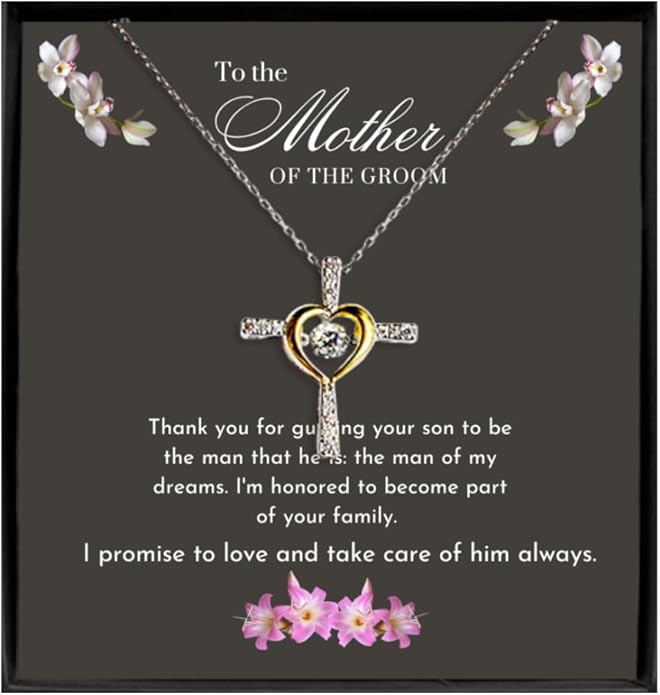 Mother of the Groom Gifts from Bride (.925) Stirling Silver Cross Necklace, Gift for Moms on Wedding Day Card and Jewelry, Mother in Law Wedding Gift from Bride