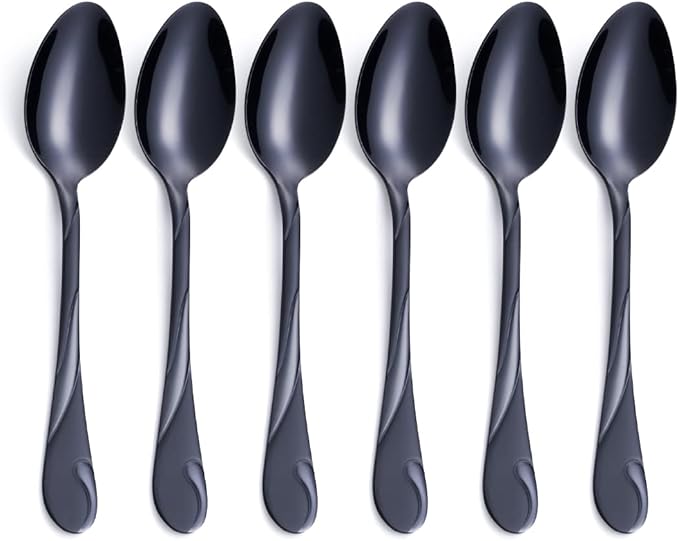 Black Dessert Spoon Set, Seeshine 6.5-inch Stainless Steel Shiny Black Teaspoon, Espresso Coffee Spoon, Set of 6