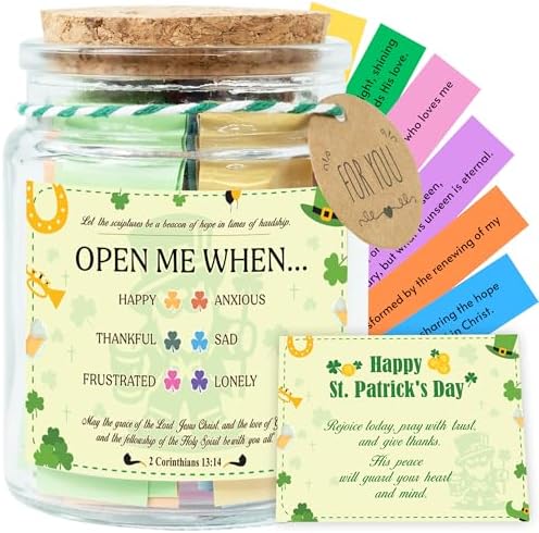St Patricks Day Version Bible Verses Jar – St. Patrick’s Day Gifts for Women, 92 Bible Jar Folded by Hand, Glass Jar with Cork Lid, Gift Box by SouthLisa