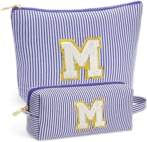 Initial Cosmetic Bag Set - Travel Bag Makeup Pouch, Makeup Bag with Zipper Make up Kit Preppy Stuff Birthday Gifts for Women Travel Essentials Travel Bag, Blue Letter M by Fohufo