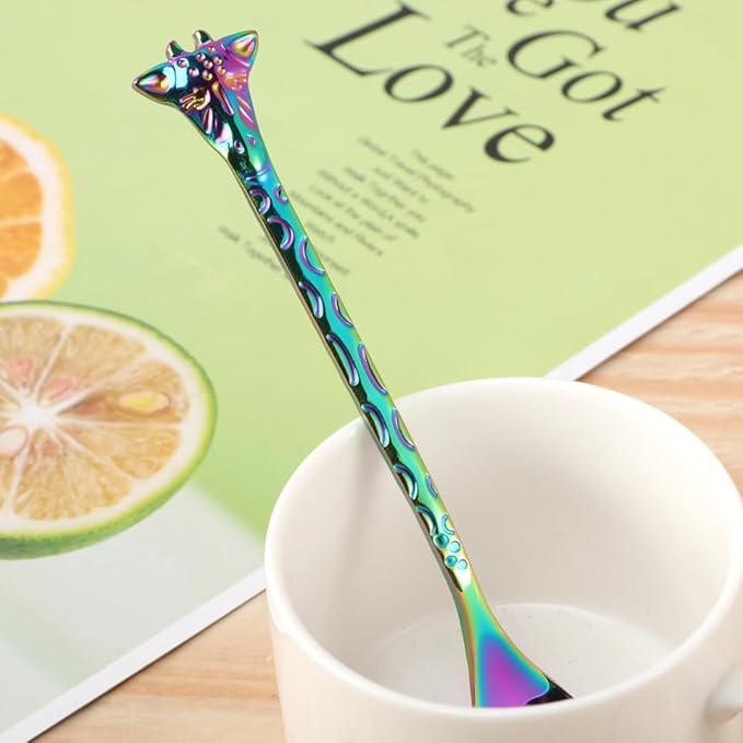 Colorful Titanium-plated Stainless Metal Animal Shape Mini Stirring Spoon Cartoon Tiny Dessert Spoon with Long Handle Rust-resistant Kitchen Tableware for Coffee and Tea