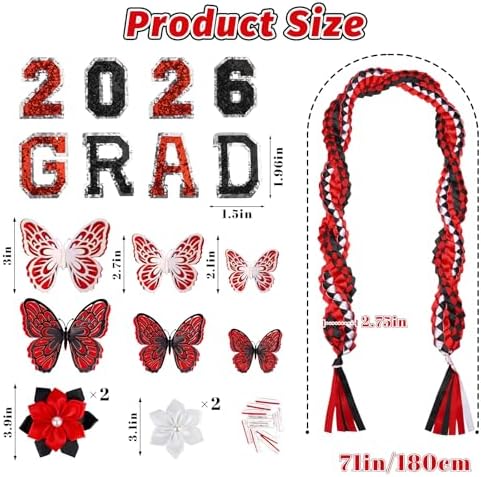 Class of 2026 Graduation Leis,Black&Red Double Ribbon Lei Set,Handmade Butterfly Flower Accessory,Graduation Gift for Her Him - Image 2
