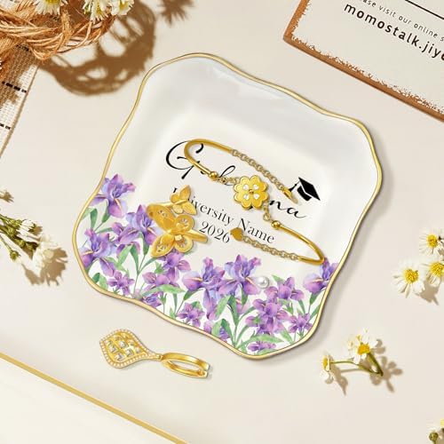 College and High School Graduation Gift for Her, Personalized Graduation Jewelry Dish Class of 2026, Ceramic Ring Tray 4.3x4.3 inches, Customizable Names and Birth Month Flowers - Image 2