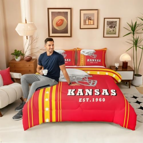 Erosebridal Gridiron Comforter Set Rugby Decor Sports Game Bedding Comforter Sets Twin, Boys Football Bedding Red Yellow White Stars Stripes Duvet Insert 2Pcs - Image 2