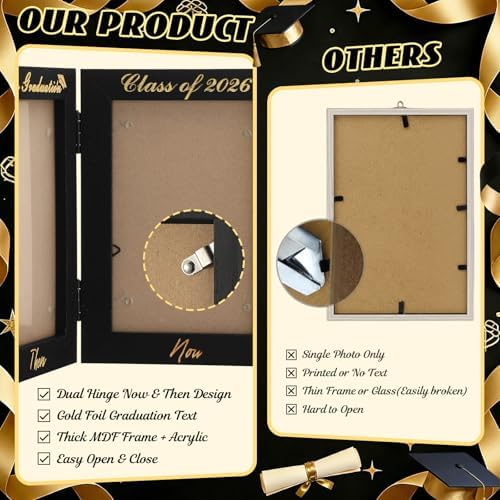 Amyhill Graduation Frame Class of 2026 Decor Then and Now Picture Frame Double 4x6 Photos Foldable Wooden Graduation Gift for College High School Graduate Party Decoration Keepsake - Image 4