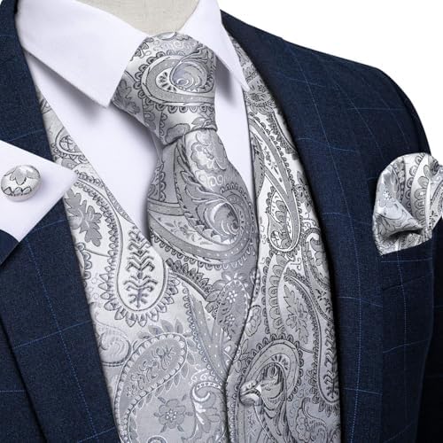 DiBanGu Mens Vest and Tie Set Formal Paisley Waistcoat and Necktie Pocket Square Cufflinks Silk Suit Vest for Tuxedo Wedding - Image 3