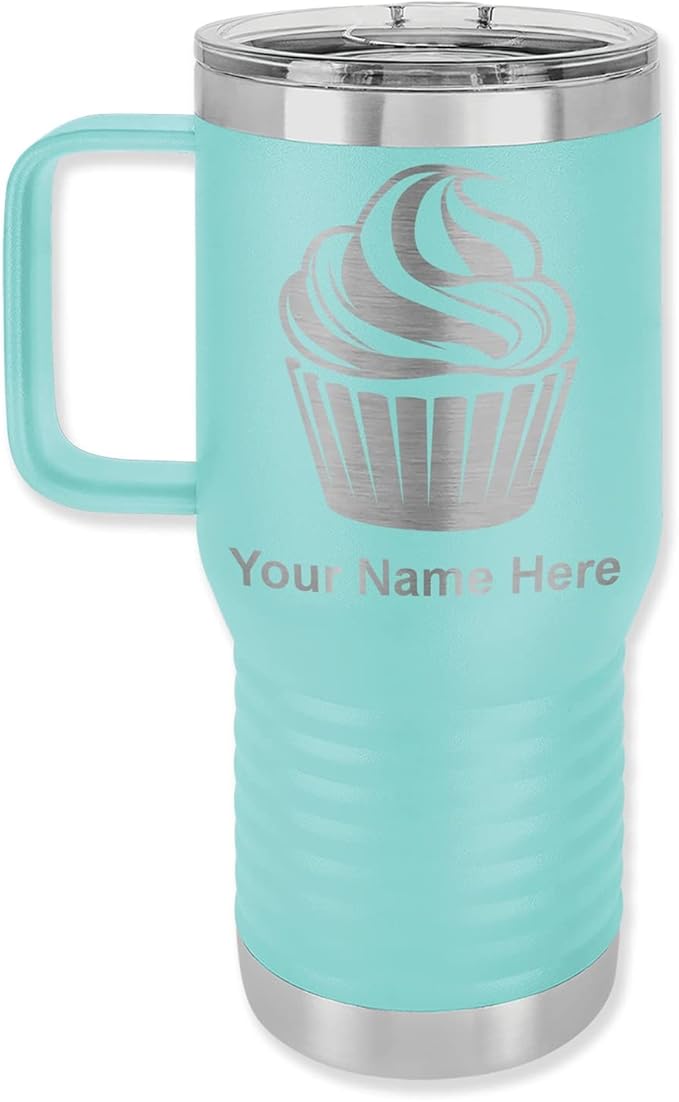 LaserGram 20oz Vacuum Insulated Travel Mug with Handle, Cup Cake, Personalized Engraving Included (Teal)
