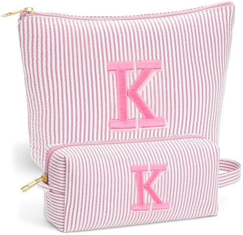 Beach Bags for Women Girl - Summer Beach Toiletry Makeup Bag, Travel Gifts for Her, Summer Personalized Makeup Pouch for Women Girls Birthday Gifts for Womens Girls - Light Pink Initial K by Fohufo