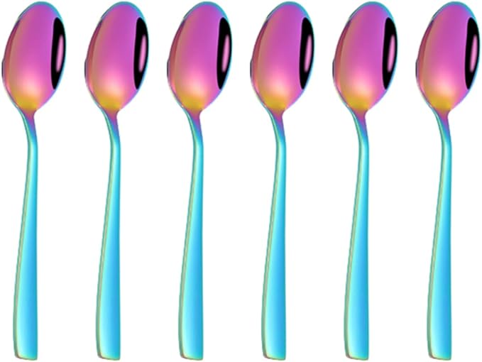 Rainbow Teaspoon Set of 6, 6 inches Mini Stainless Steel Silverware Dessert Spoons Espresso Spoons for Home, Kitchen, Restaurant, Mirror Finish and Dishwasher Safe