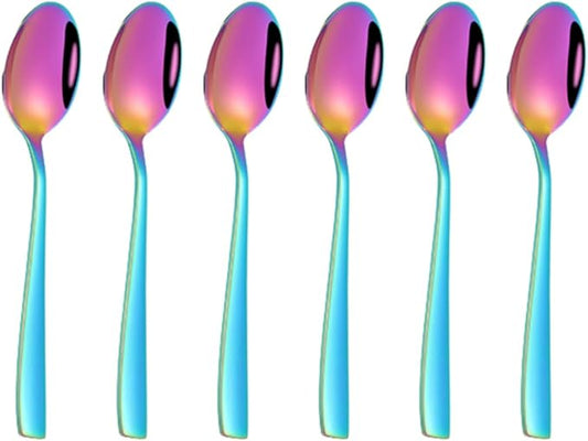 Rainbow Teaspoon Set of 6, 6 inches Mini Stainless Steel Silverware Dessert Spoons Espresso Spoons for Home, Kitchen, Restaurant, Mirror Finish and Dishwasher Safe