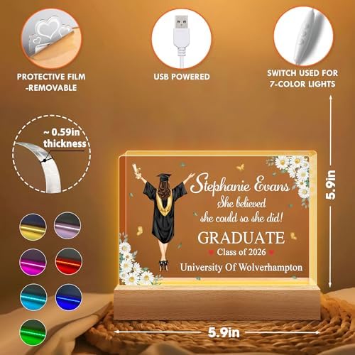 Hyturtle Personalized Graduation Night Light - Custom Name Acrylic LED Light - Inspirational Graduation for Women - Senior 2026 Graduation Gifts Her Him - College Grad Gifts - Graduation Gifts - Image 4