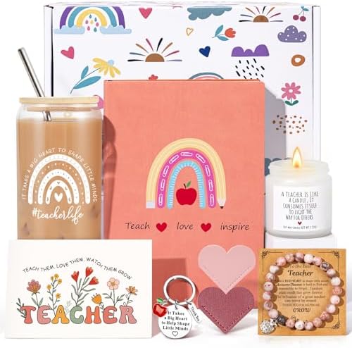 Teacher Appreciation Gifts for Women, Thank You Gifts for Teachers from Students – Teachers Day, End of Year, Graduation, Retirement, Birthday Gift Basket with 16oz Drinking Cup, Journal(Orange Pink) by iAOVUEBY