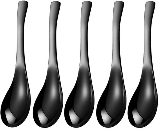 5 PCS Stainless Steel Soup Spoons, Mirror Finish - Kitchen Serving & Dessert Spoons for Soup, Rice, Tea, Milk, Coffee, Dessert & Ice Cream (Black)