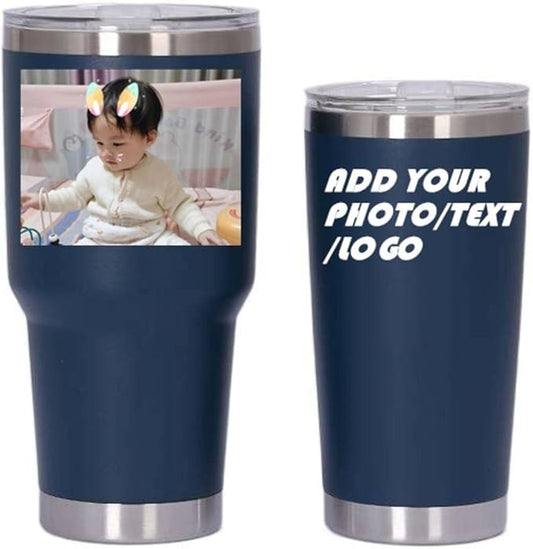 Personalized Photo 20oz 30oz Stainless Steel Tumbler,Custom Coffee Tumbler Cup With Lid And Strawstraw Vacuum Insulated With Text Photo Logo (Navy Blue(20oz/30oz)