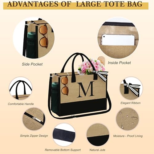 YOOLIFE Personalized Gifts for Women, Initial Jute Tote Bag & 2 Makeup Bags - Image 5