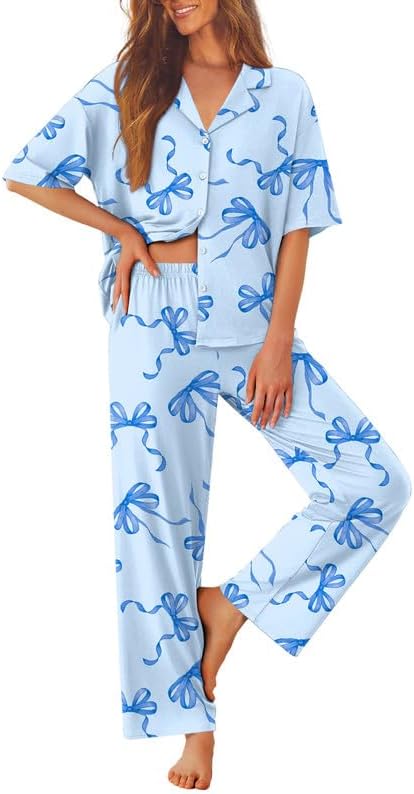 Ekouaer Women Pajamas Set Button Down Sleepwear Short Sleeve Pjs Long Pants by EKOUAER
