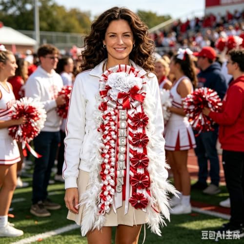 31'' Advanced Large Homecoming Mum Supplies Luxury Silk Homecoming Mum Flower with Feather Red White Silver Satin Ribbon Senior Night Back to School Week Party Decor - Image 6