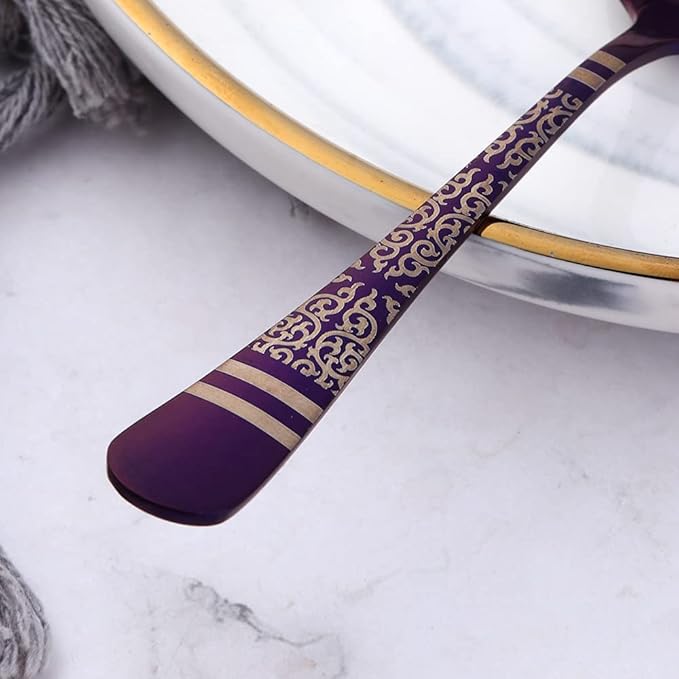 Purple Unique Pattern Design Coffee Espresso Spoons Mini, Mingcheng Stainless Steel Small Teaspoons Silverware Set of 12, BISDARUN 5.5 Inches Food Spoons for Demitasse Dessert Tea
