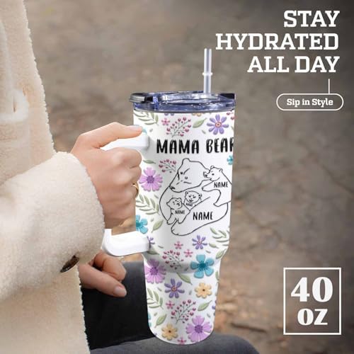 Gifts for Mom from Daughter Son, 40OZ Personalized Mama Bear Tumbler with Handle and Straw, Custom Mom Coffee Tumbler with Kids Names, Personalized Birthday Mothers Day Gift for Women, Her, Grandma - Image 4