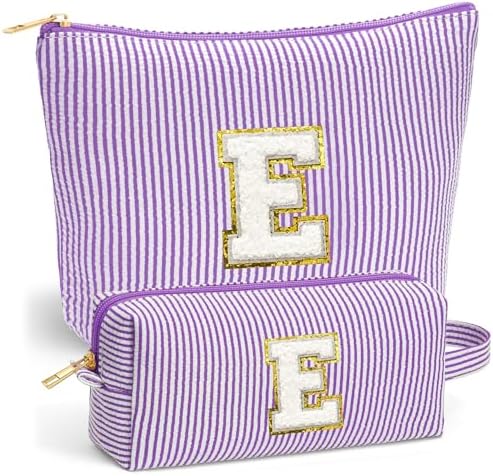 Initial Makeup Bag Set - Cute Purple Stuff for Women, Makeup Pouch Cosmetic Bag Small Makeup Bag for Purse, Travel Essentials Toiletry Bag for Women Birthday Gifts, Purple Letter E by Fohufo