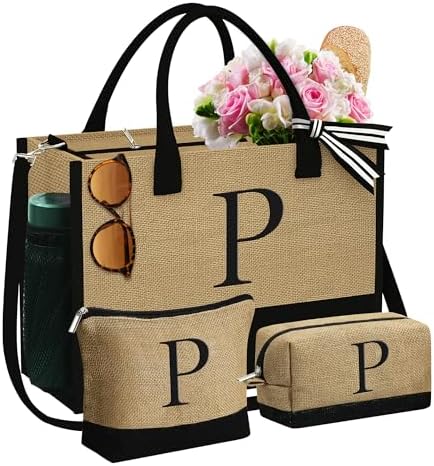 YOOLIFE Personalized Gifts for Women, Initial Jute Tote Bag & 2 Makeup Bags by YOOLIFE
