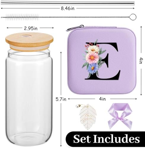 AYGXU Travel Jewelry Cases Organizer,Travel Essentials,Travel Gifts for Women Girls,16oz glass cup with bamboo lid and straw,aesthetic glass cup,Cute Tumbler Cup,Teacher Gifts,Initial E purple - Image 2