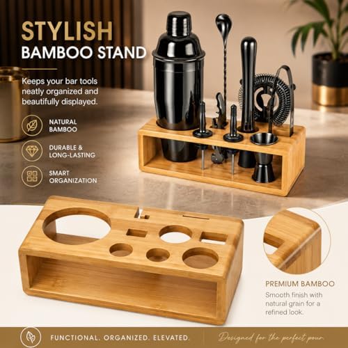 Black Cocktail Shaker Set, Premium 18/8 Stainless Steel Mixology Bartender Kit with Stylish Bamboo Stand 10-Piece Bar Tools & Accessories for Home Bar for Men, Dad, Husband - Image 5