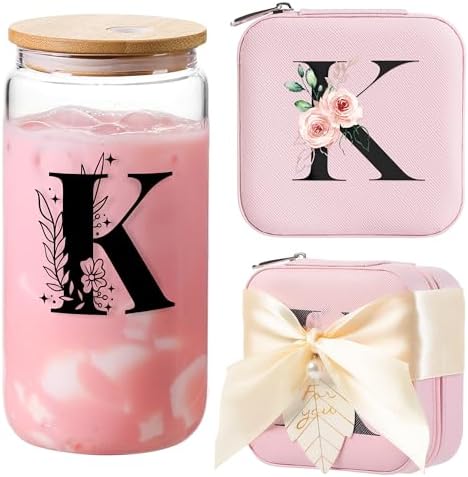 AYGXU Mothers Day gifts,Graduation Gifts for Her, Bridesmaid Gifts,Drinking glass with Bamboo Lids and Straw,Jewelry Organizer,Travel Essentials Small Jewelry Box,Teen Girls Gifts,Initial K pink by AYGXU