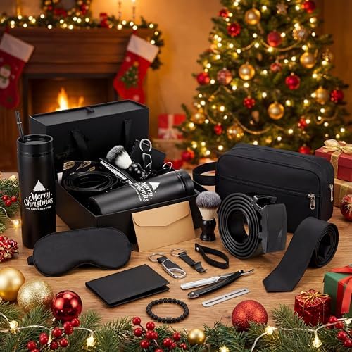 Tioncy 12 Pcs Christmas Men Gift Set Birthday Gifts Baskets with Box Tumbler Bottle Opener Keychain PU Leather Wallet Tie Belt Bag Bracelet Eye Mask Xmas Party Present Box for Dad(Appealing Pattern) - Image 2