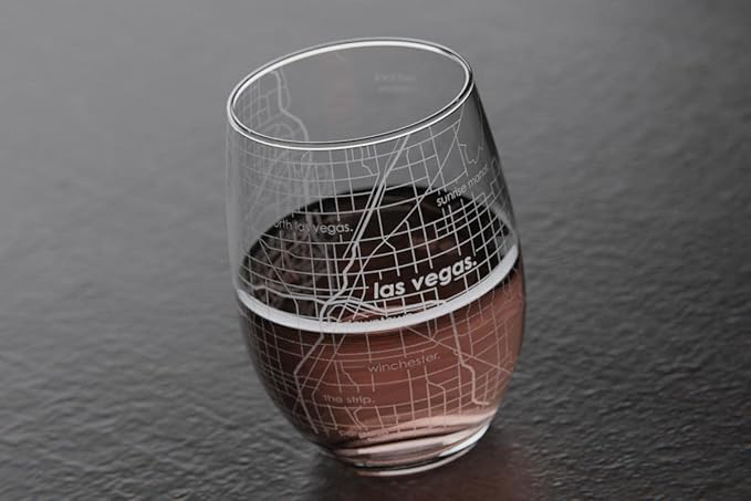 Well Told Engraved Las Vegas Nevada Map Stemless Wine Glass, Etched Glass (15 oz, Clear) City Custom Gifts for Lovers