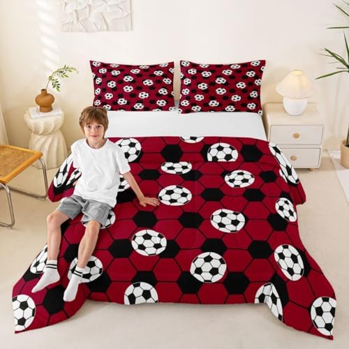 Erosebridal Football Bedding King,Soccer Ball Comforter Set Sports Theme Bed Sets Red and Black Duvet Insert 3 Pieces - Image 5