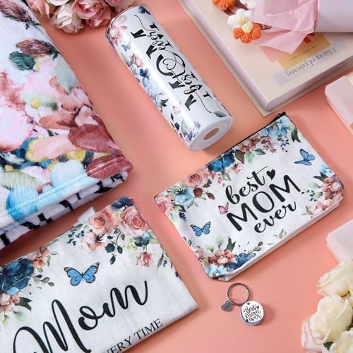 Geiserailie 5 Pcs Mother's Gift Set for Mom Include Colorful Butterfly Flower Blanket 20oz Stainless Steel Tumbler with Straw and Brush Best Mom Ever Makeup Bag Keychain for Mother from Daughter Son - Image 4