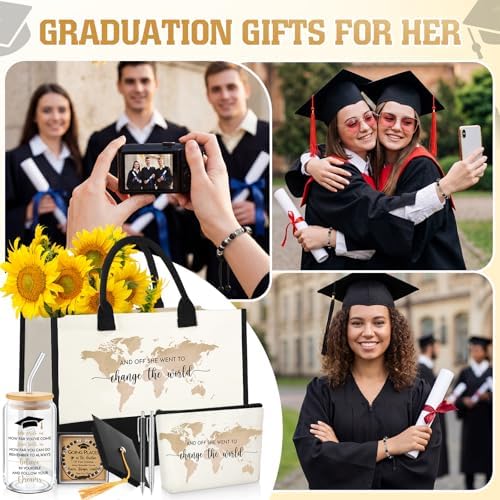 Vesici 8 Pcs Graduation Gifts Set for Women Her 2026 with Tote Bag Makeup Bag Bracelet Box Glass Cup Pens Class of 2026 Congratulations Graduate Gift Basket for College Senior Nurse(Beige) - Image 4