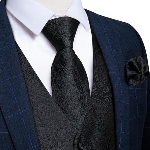 DiBanGu Mens Vest and Tie Set Formal Paisley Waistcoat and Necktie Pocket Square Cufflinks Silk Suit Vest for Tuxedo Wedding - Image 3