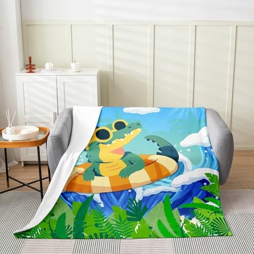 Erosebridal Crocodile Flannel Blanket 40x50 Inch Swimming Ring Fleece Blanket Sunglasses Sunshine Foliage Fuzzy Plush Throw Birds Cloud Ocean Waves Living Room Decor - Image 2