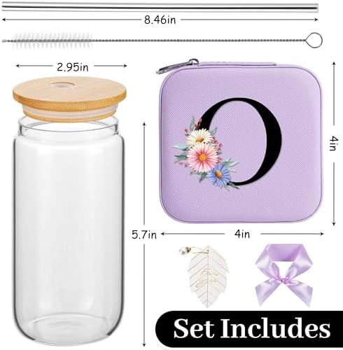 AYGXU Initial glass cups with bamboo lids,Travel Jewelry Case for Women Girls,Travel Jewelry Case Jewelry Box Organizer,coffee cups,Travel Gifts for Women Travel Essentials,Initial O purple - Image 2